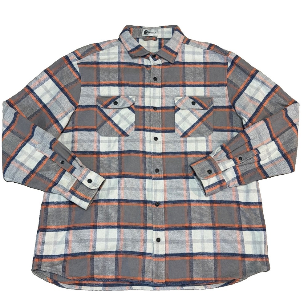 MuskOx Shirt Mens 2XL Orange White Plaid Flannel Button Up Long Sleeve Casual